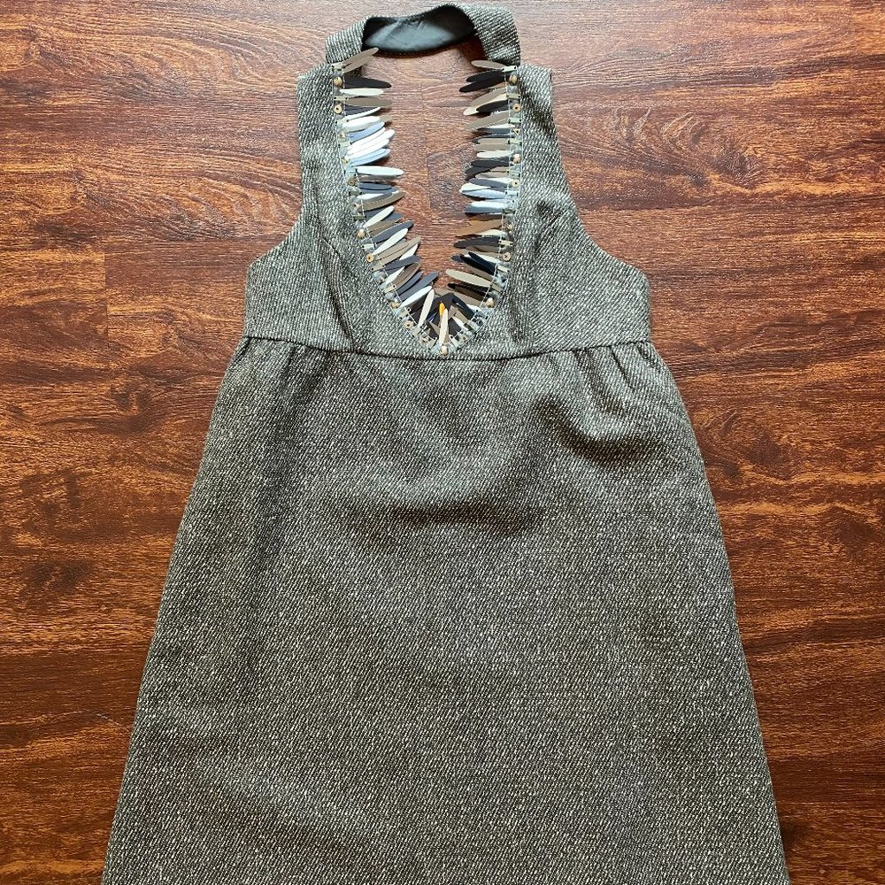 Slate gray Anna Sui tweed halter dress with silver sequin details on v-neck